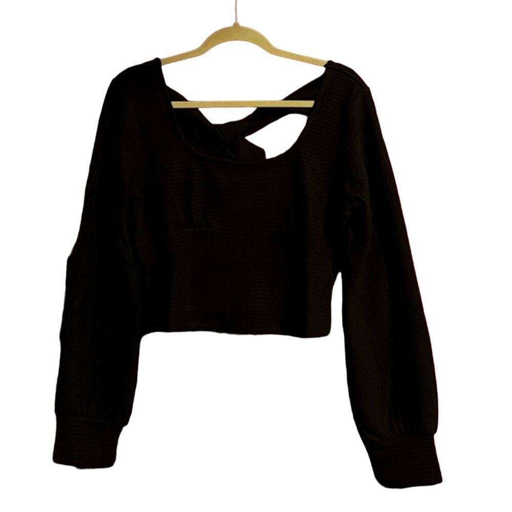 BAND OF THE FREE BOG‎ BLACK CROP TOP RIBBED KNIT LONG SLEEVES TIE L-NEW